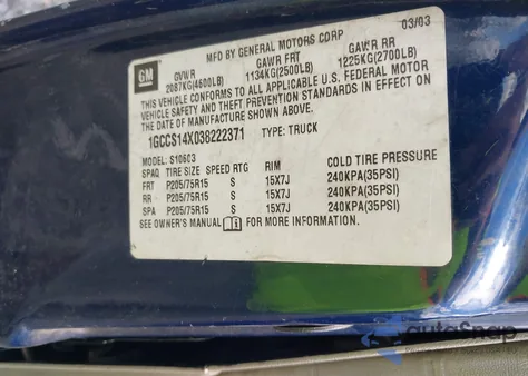 2003 Chevrolet S-10 Ls from USA, damaged, VIN 1GCCS14X038222371